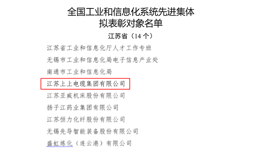上上電纜榮獲“全國工業(yè)和信息化系統(tǒng)先進集體”